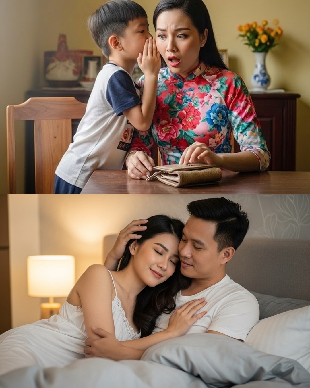 Đi công tác về thì cho::áng v:::áng khi con ngây thơ bảo: ” Tối nào cô T cũng đến dạy con học rồi cô T ng::ủ lại với bố…” –