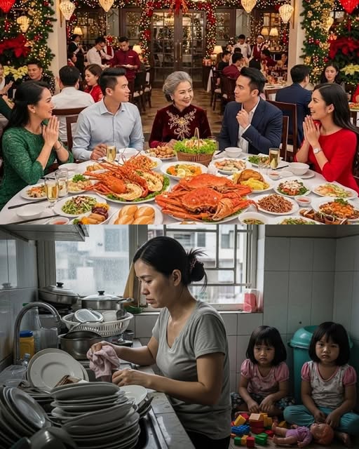 Chồng đưa mẹ và tất cả chị em bên nhà nội đi ăn tiệc nhà hàng mừng Noel nhưng vợ con thì phải ở nhà dọn dẹp