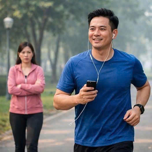 Mỗi sáng 5h, chồng tôi nói đi chạy bộ hai tiếng không kể nắng mưa đồng hè, nhưng anh không bao giờ đổ mồ hôi.