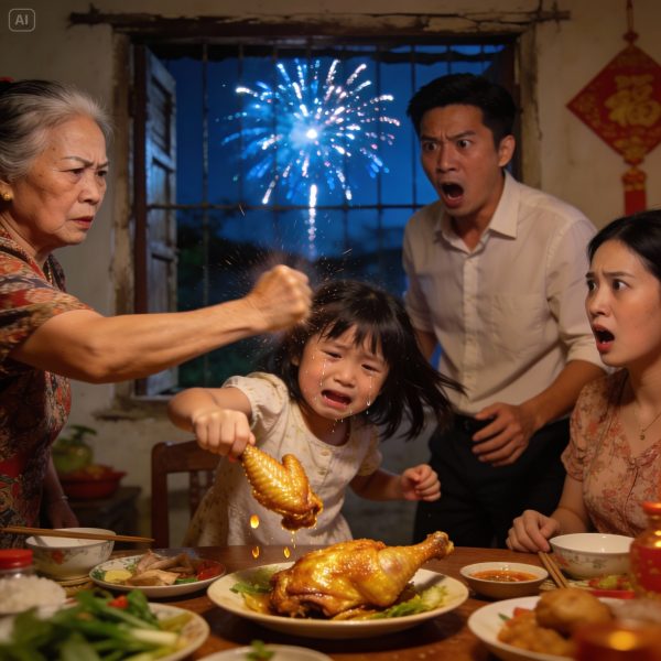 Đêm giao thừa, tôi đưa con gái về nhà mẹ đẻ ăn tết. Con bé vừa cắn một miềng cánh gà,mẹ tôi liền tát tất một cái……